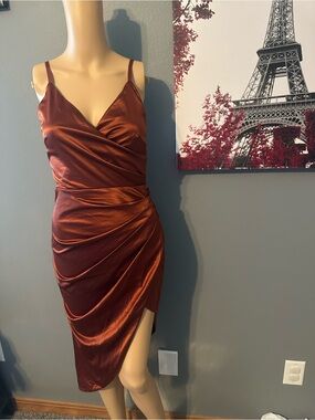 Satin Ruched Cocktail Formal Slip Dress in Deep Copper Small